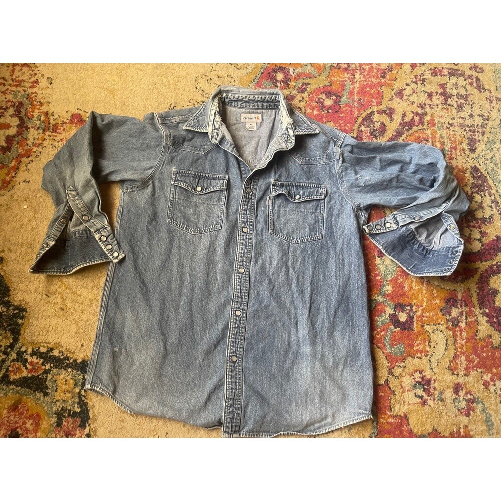 Vintage Carhartt Denim Pearl Snap Western Shirt XL Faded Distressed